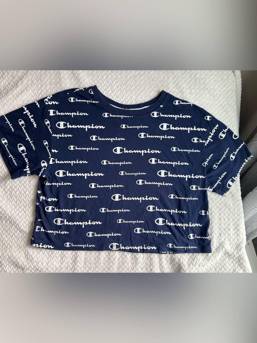 Champion Navy and White Logo Crop Top